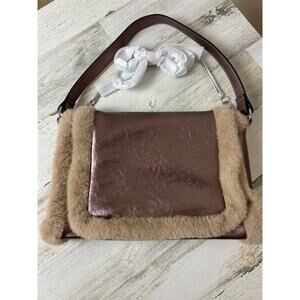 BCBGeneration Faux Bronze Leather Shoulder Crossbody Bag Fur Trim Boho New